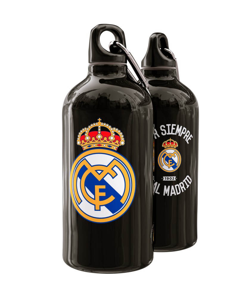 Botellín del Real Madrid CF Negro Escudo y Por Siempre. Líquidos de 0,40L